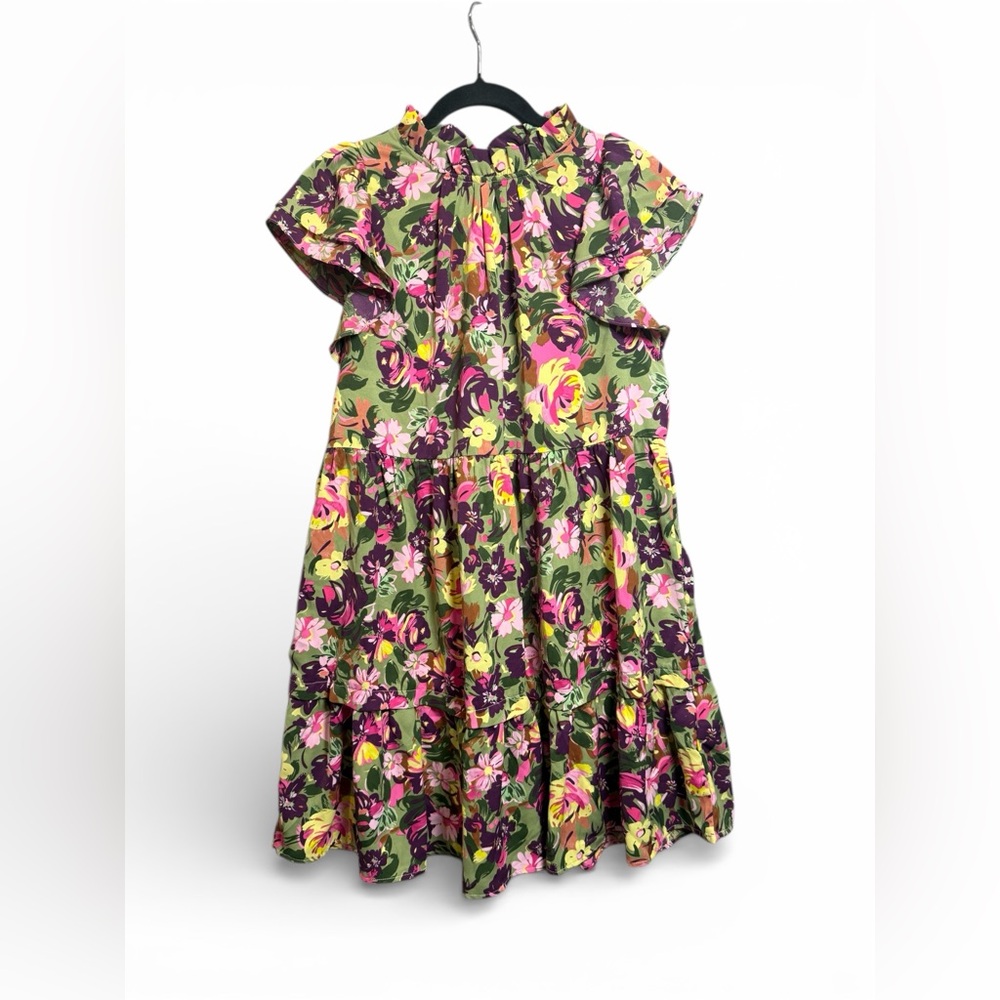 One Eleven North Floral Tiered Midi Dress XL Green Pink Boho Ruffle Short Sleeve